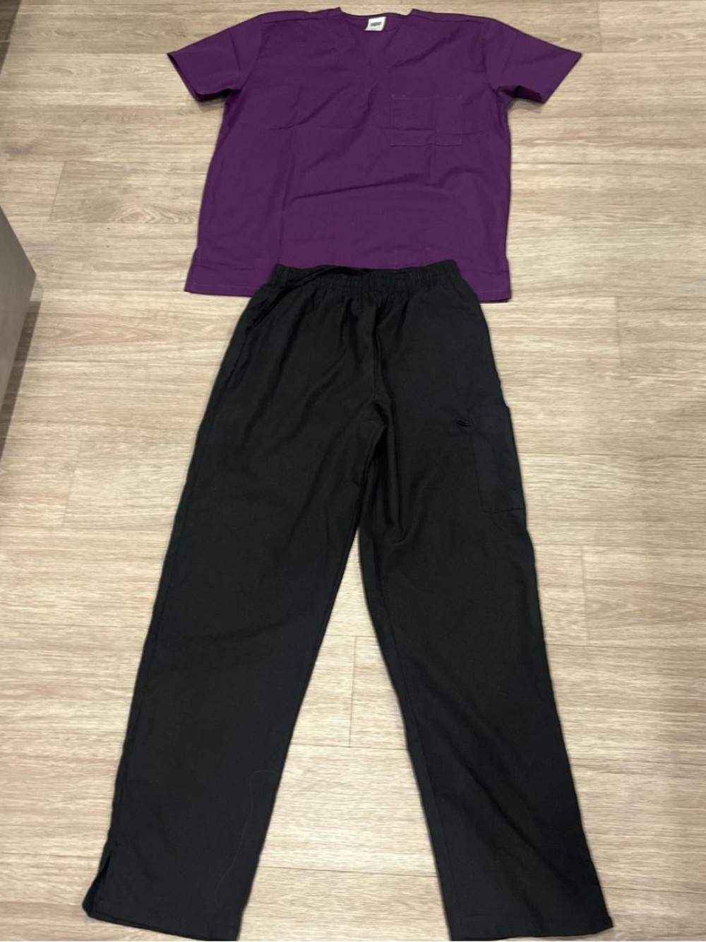 Purple Scrub Top with Black Drawstring Scrub Pants